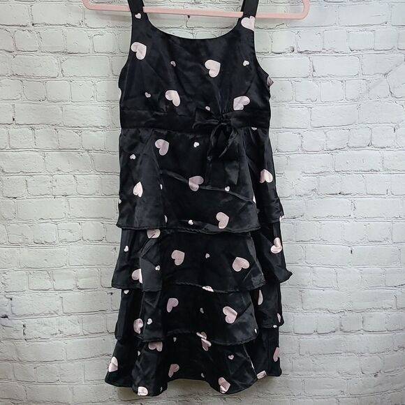 Justice Girls 14 Black Satin Sleeveless Fit & Flare Tier Ruffle Pink Heart Dress - Picture 2 of 11